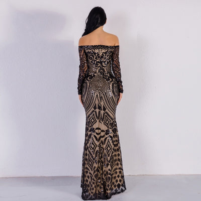 Natalina Black Sequin Bardot Long Sleeve Maxi Dress - Fashion Genie Boutique