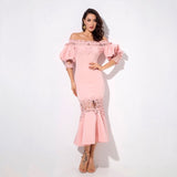 Mamacita Pink Bardot Lace Panel Midi Dress - Fashion Genie Boutique