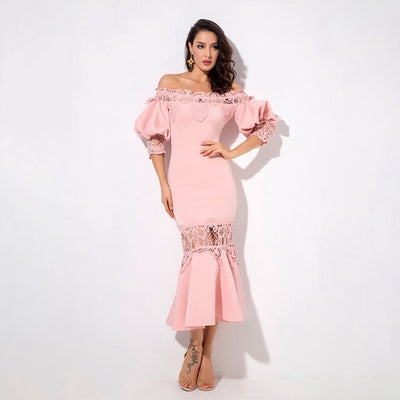 Mamacita Pink Bardot Lace Panel Midi Dress - Fashion Genie Boutique