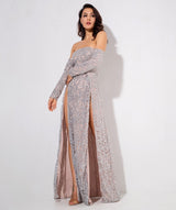 Princess Of Charm Silver Bardot Glitter Double Split Maxi Dress - Fashion Genie Boutique