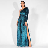 Just One Wish Green Velvet One Shoulder Long Sleeve Maxi Dress - Fashion Genie Boutique