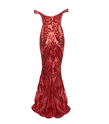 Sweetheart Red Bardot Sequin Maxi Fishtail Dress - Fashion Genie Boutique