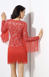 Madly Deeply Red Long Sleeve Crochet Fringe Dress - Fashion Genie Boutique