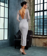 Deep Into You Silver Long Sleeve Glitter Embellished Midi Dress - Fashion Genie Boutique