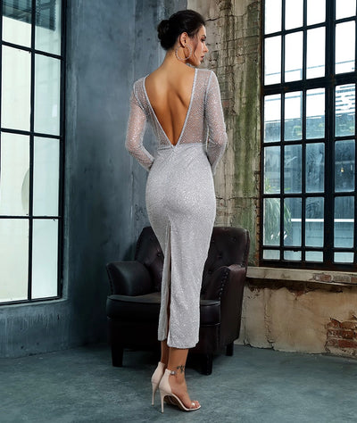 Deep Into You Silver Long Sleeve Glitter Embellished Midi Dress - Fashion Genie Boutique