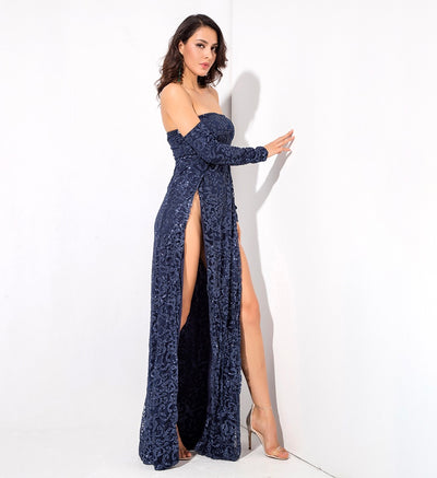 Princess Of Charm Navy Bardot Glitter Double Split Maxi Dress - Fashion Genie Boutique