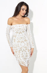 Babe Status White & Nude Long Sleeve Sequin Mini Dress - Fashion Genie Boutique