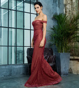 Little Treasure Burgundy Bardot Glitter Fishtail Maxi Gown Dress - Fashion Genie Boutique
