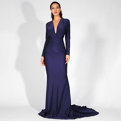 Always Dreaming Navy Long Sleeve Fishtail Maxi Gown Dress - Fashion Genie Boutique