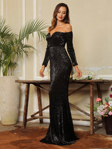 Oh So Fancy Black Bardot Sequin Long Sleeve Maxi Gown Dress - Fashion Genie Boutique