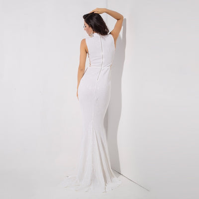 Million Dollar Babe White Sequin Maxi Fishtail Gown Dress - Fashion Genie Boutique