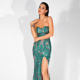 Sweet Vision Green Strapless Sequin Spilt Maxi Gown Dress - Fashion Genie Boutique