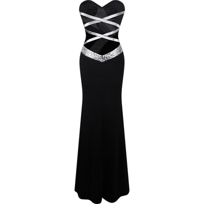 Dazzling Diva Black & Silver Strapless Sequin Maxi Gown Dress - Fashion Genie Boutique