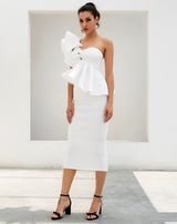 Keya White Peplum Bardot Top & Midi Skirt Dress Co Ord - Fashion Genie Boutique