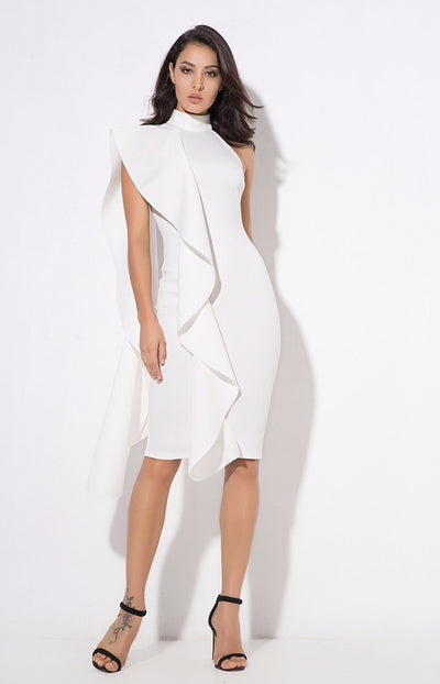Make Your Move White Frill Bodycon Midi Dress - Fashion Genie Boutique