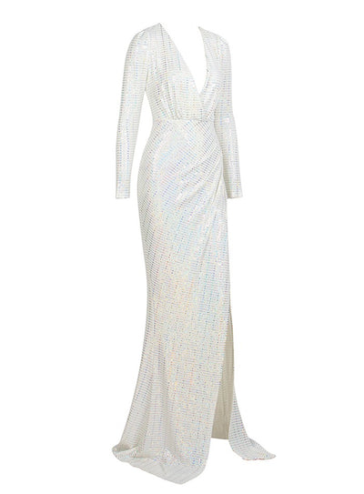 City Of Love White Plunge Sequin Long Sleeve Maxi - Fashion Genie Boutique
