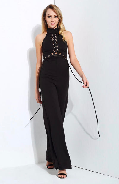 Greatest Love Story Black Eyelet Lace Up Jumpsuit - Fashion Genie Boutique