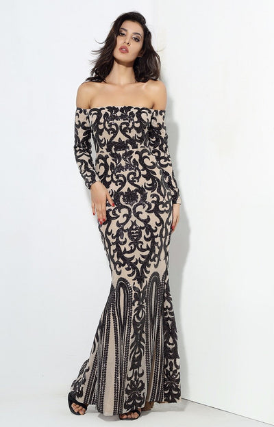 Avella Black & Nude Sequin Bardot Maxi - Fashion Genie Boutique