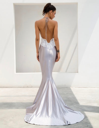 Sweet Lace Grey Satin Lace Maxi Fishtail Dress - Fashion Genie Boutique