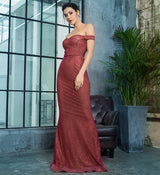 Little Treasure Burgundy Bardot Glitter Fishtail Maxi Gown Dress - Fashion Genie Boutique