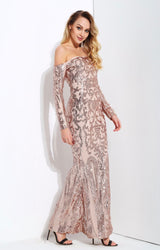 Invite To Shine Rose Gold Bardot Sequin Maxi Dress - Fashion Genie Boutique