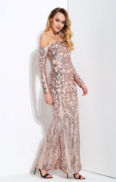 Invite To Shine Rose Gold Bardot Sequin Maxi Dress - Fashion Genie Boutique