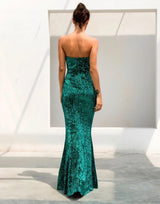 Disco Belle Green Sequin Strapless Split Maxi Gown Dress - Fashion Genie Boutique