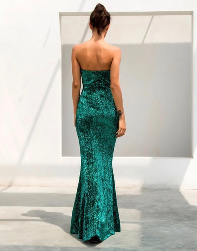 Disco Belle Green Sequin Strapless Split Maxi Gown Dress - Fashion Genie Boutique
