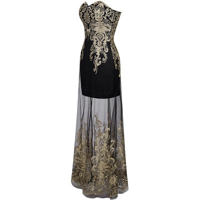 Jenna Black & Gold Embroidered Maxi Gown Dress - Fashion Genie Boutique