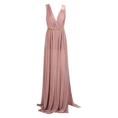 Grecian Goddess Blush Pink Belted Maxi Split Dress - Fashion Genie Boutique