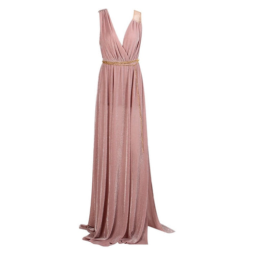 Grecian Goddess Blush Pink Belted Maxi Split Dress - Fashion Genie Boutique