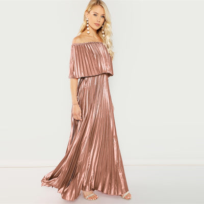 Dream Of You Pink Bardot Pleated Maxi Dress - Fashion Genie Boutique