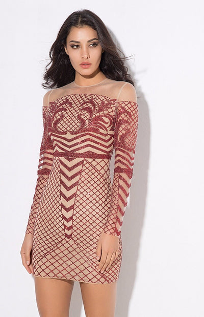 Meryl Red & Nude Glitter Long Sleeve Mini Dress - Fashion Genie Boutique