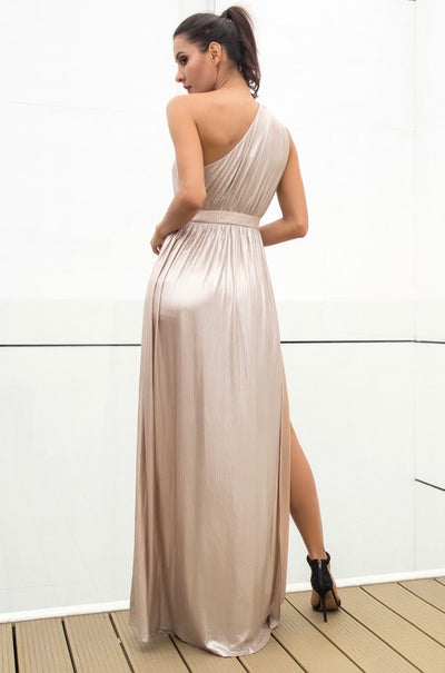 Dream Day Nude Lace Asymmetric Satin Maxi Dress - Fashion Genie Boutique