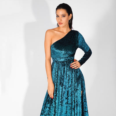 Just One Wish Green Velvet One Shoulder Long Sleeve Maxi Dress - Fashion Genie Boutique