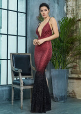 Dubai Nights Red & Black Plunge Glitter Maxi Dress - Fashion Genie Boutique