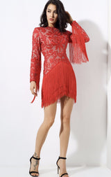 Madly Deeply Red Long Sleeve Crochet Fringe Dress - Fashion Genie Boutique