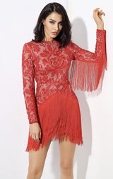Madly Deeply Red Long Sleeve Crochet Fringe Dress - Fashion Genie Boutique