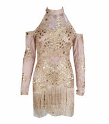 Modern Renaissance Gold Cold Shoulder Long Sleeve Fringe Mini Dress - Fashion Genie Boutique