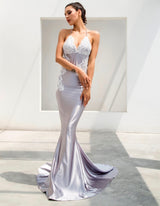 Sweet Lace Grey Satin Lace Maxi Fishtail Dress - Fashion Genie Boutique