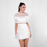 Shimmy Shake White Mesh Panel Fringe Mini Dress - Fashion Genie Boutique