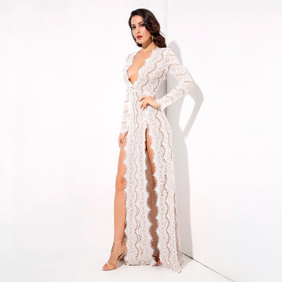 Walking Goddess White Long Sleeve Double Split Maxi Dress - Fashion Genie Boutique