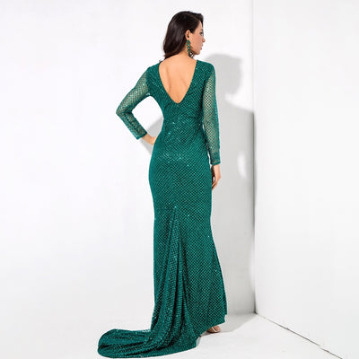 Making Moves Green Long Sleeve Glitter Maxi Gown Dress - Fashion Genie Boutique