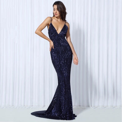 Goal Digger Navy Embellished Sequin Maxi Party Gown Dress - Fashion Genie Boutique