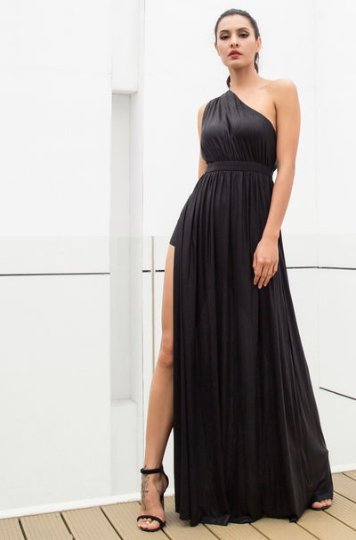 Dream Day Black Lace Asymmetric Satin Maxi Dress - Fashion Genie Boutique