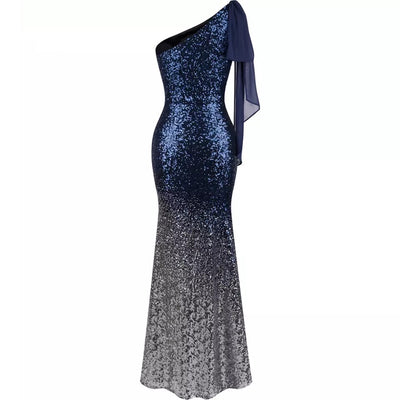 Oh My Posh Blue & Silver Sequin Gradient One Shoulder Maxi Gown Dress - Fashion Genie Boutique