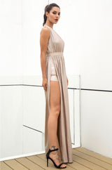 Dream Day Nude Lace Asymmetric Satin Maxi Dress - Fashion Genie Boutique