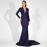 Always Dreaming Navy Long Sleeve Fishtail Maxi Gown Dress - Fashion Genie Boutique