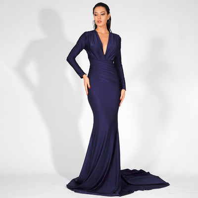 Always Dreaming Navy Long Sleeve Fishtail Maxi Gown Dress - Fashion Genie Boutique
