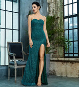 Steal The Show Green Strapless Glitter High Split Maxi Dress - Fashion Genie Boutique
